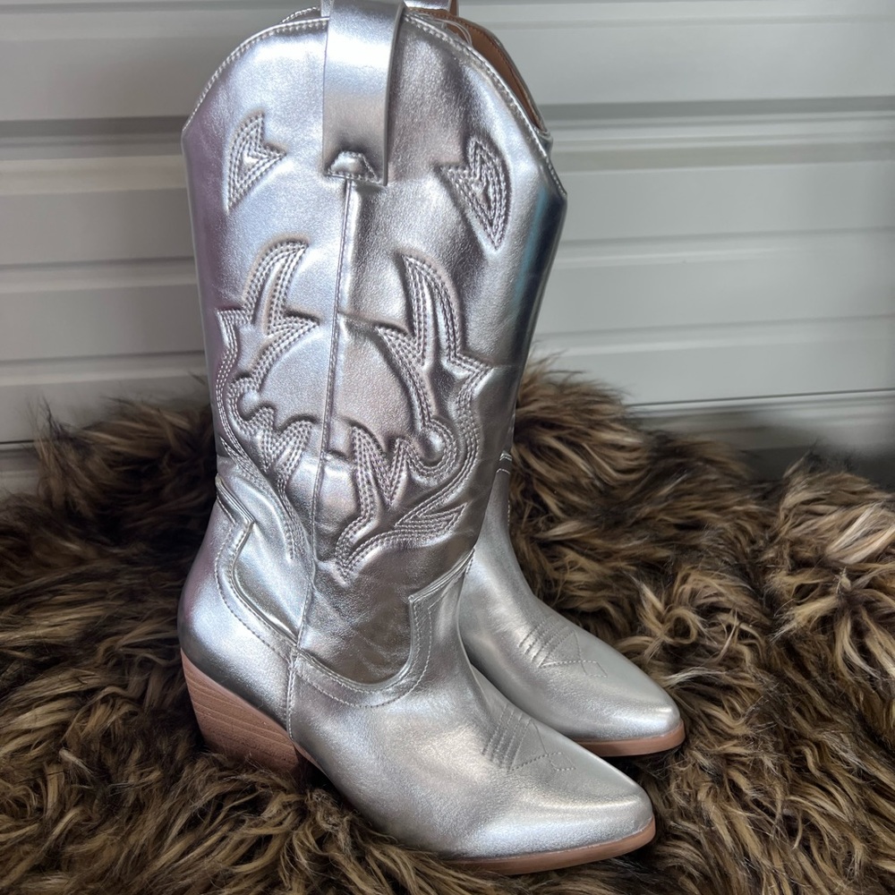 Soda Silver Heeled Boots with Western Flair